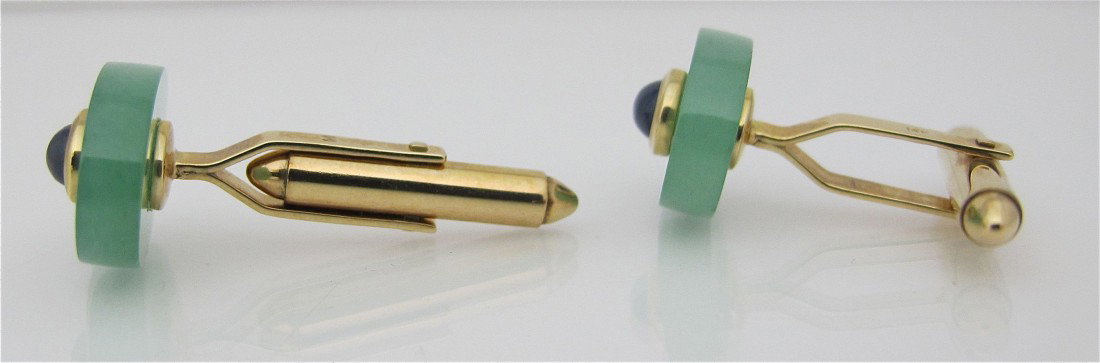 14K Yellow Gold Sapphire and Adventurie Cuff Links,: 14K Yellow Gold Sapphire and Adventurie Cuff Links, Containing Two (2) Cabachon Cut Blue Sapphires=1.27cts, and the Adventurine Measures 13x18mm