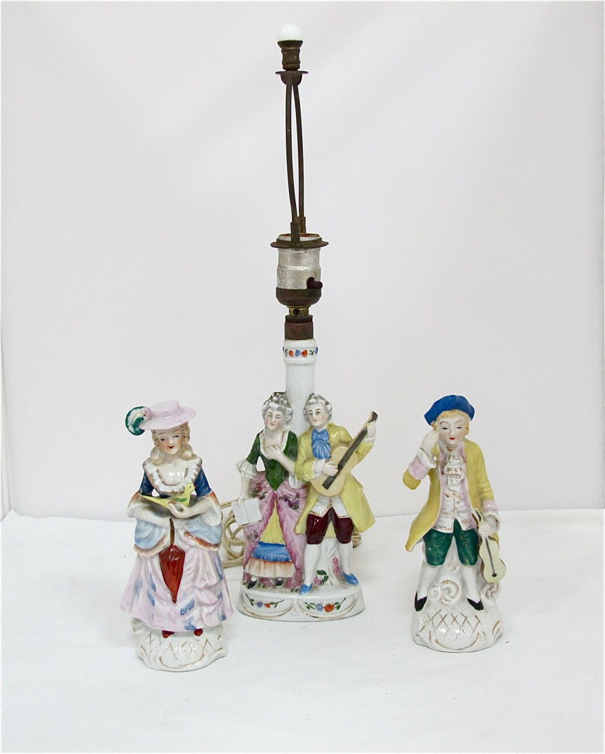 Porcelain Figural Lamp and 2 Poreclain Figurines: M: Porcelain Figural Lamp and 2 Poreclain Figurines: Male & Female