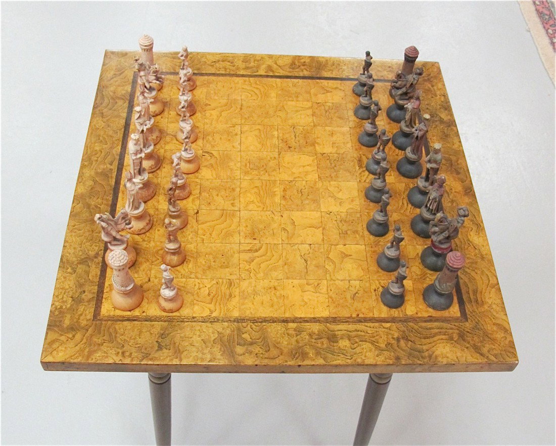 Anri Carved Wood Chess Set With Queen Anne: ANRI ITALIAN CARVED WOOD CHESS SET: Hand carved Italian wood: kings queens, castles etc. With Queen Anne Style Chessboard Table
