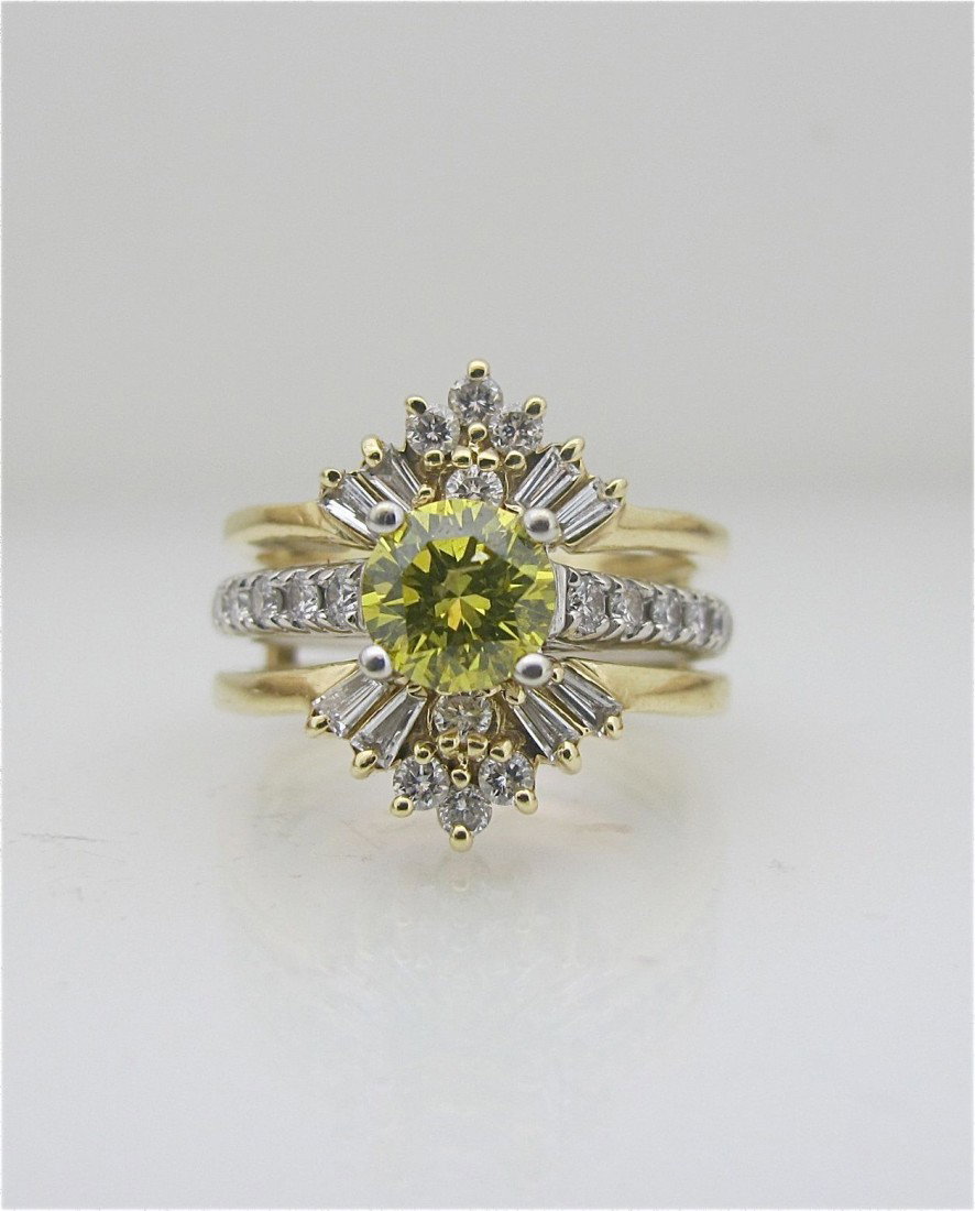 14KYG&WG Treated/Irradiated Yellow Diamond & Diamo: 14KYG&WG Treated/Irradiated Yellow Diamond & Diamond Ring (2 parts), YellowDia=1.20cts., 10Rd=.40cts., 14KYG Frame Containing 8Dia=.24cts., 8Bag=.25cts., 6.18dwt