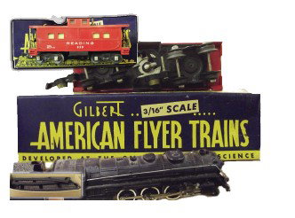 A.C. Gilbert's American Flyer Set Complete with Lo: A.C. Gilbert's American Flyer Set Complete with Locomotives & Tender, Post War S Gauge Flyer No. 322 NYC Steam Type Locomotive, Operating Stock Yard & Car, Talking Station, Flood Light Flat Car, Misso