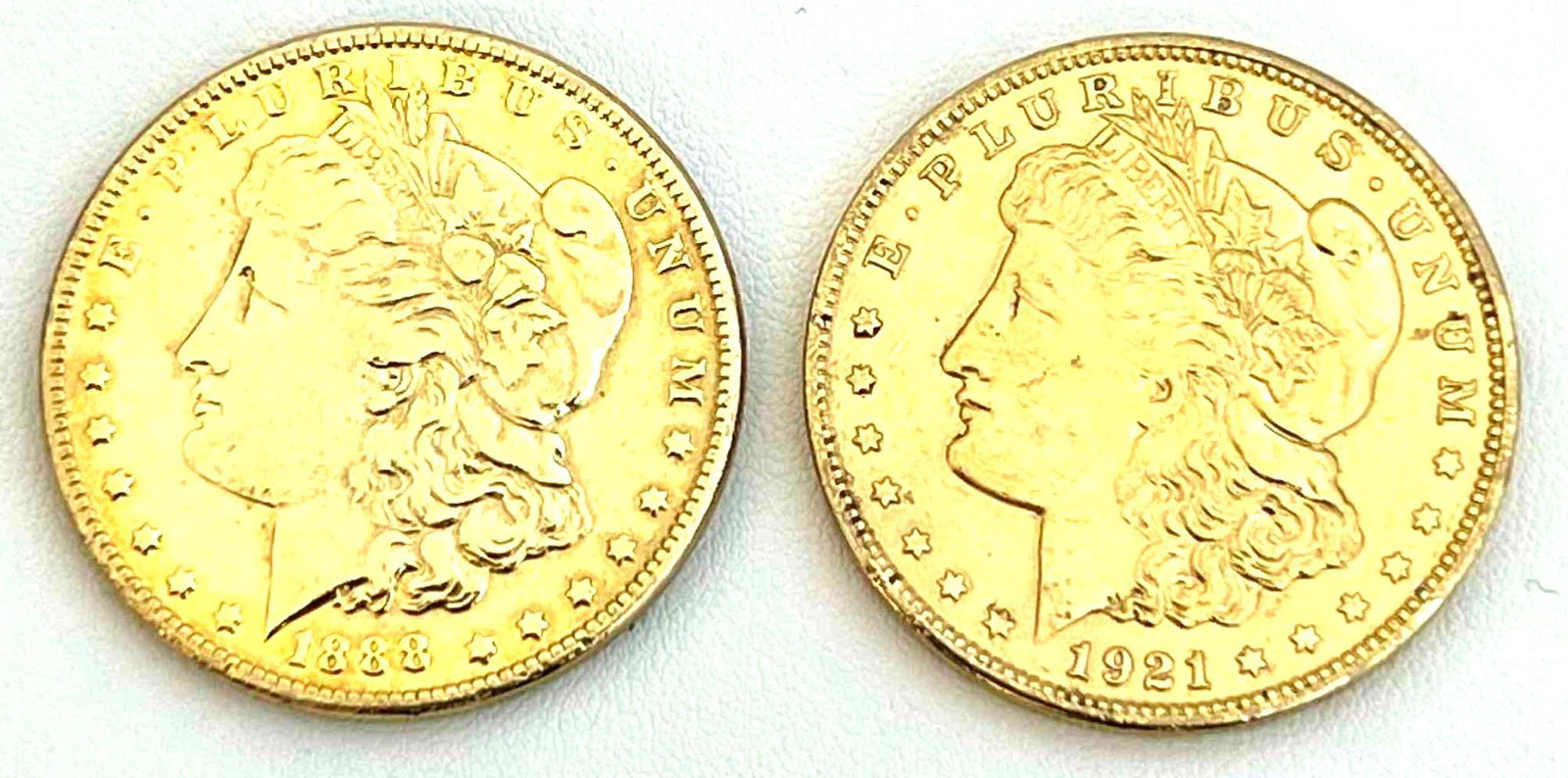 (1)1888 & (1) 1921 Liberty Gold Plated Silver Dollars: (1) 1888 Gold Plated Silver Liberty Dollar (1) 1921 Gold Plated Silver Liberty Dollar No Mint Mark