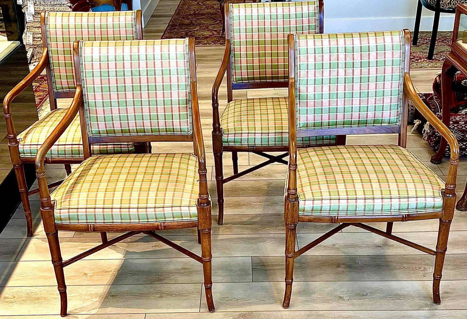 Four Bamboo Wood Plaid Chairs: (4) Four Bamboo Wood Plaid Chairs 34"H X 21"W