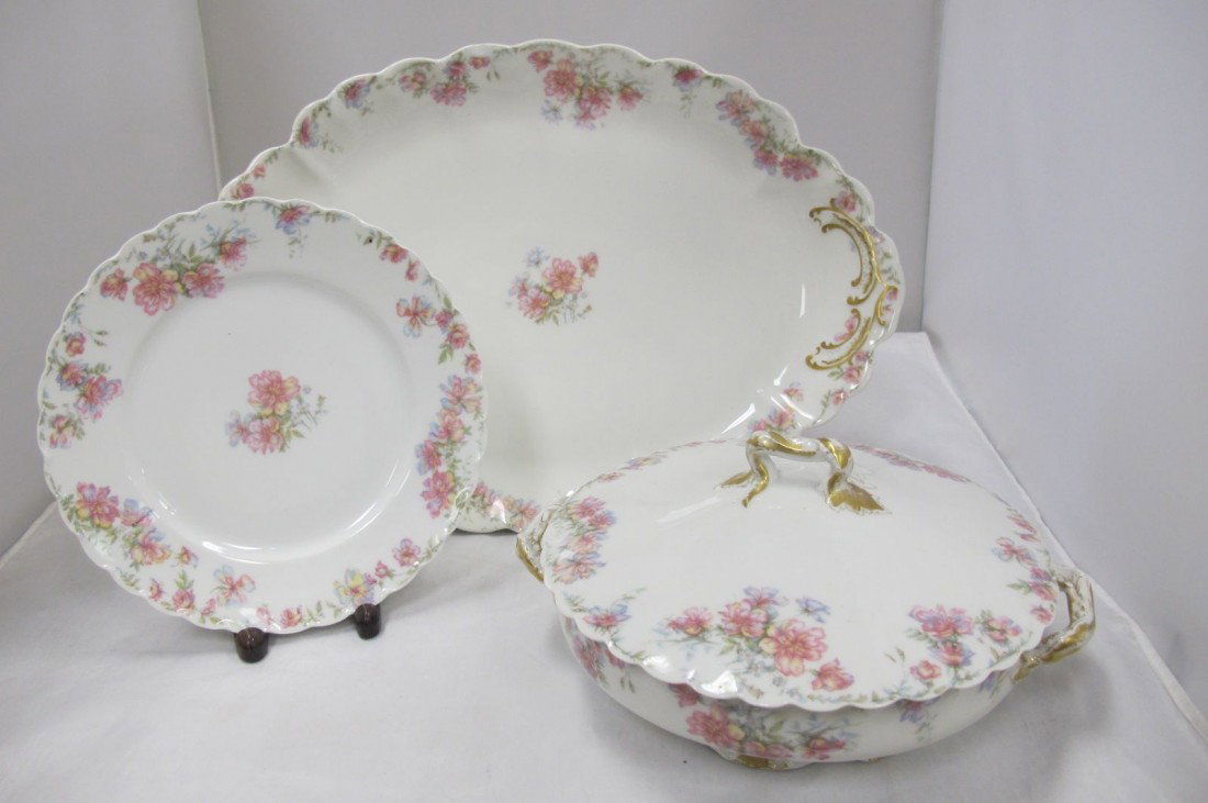 Haviland Limoges France Porcelain Soup Tureen, Large: Haviland Limoges France Porcelain Soup Tureen, Large Serving Platter and Plate, In Floral and Guilt Decoration