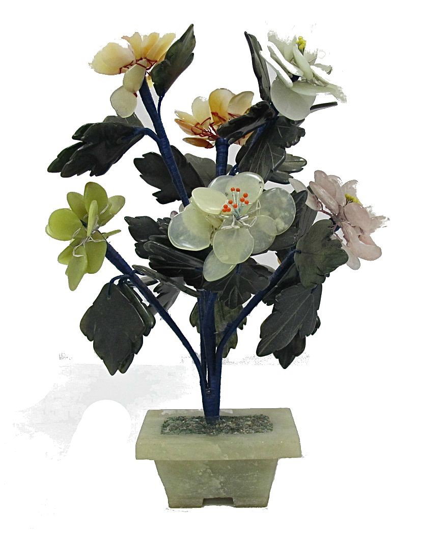 Jade, Agate, Amethyst & Rose Quartz Tree on Jade Ba: Jade, Agate, Amethyst & Rose Quartz Tree on Jade Base, Stand 9" high