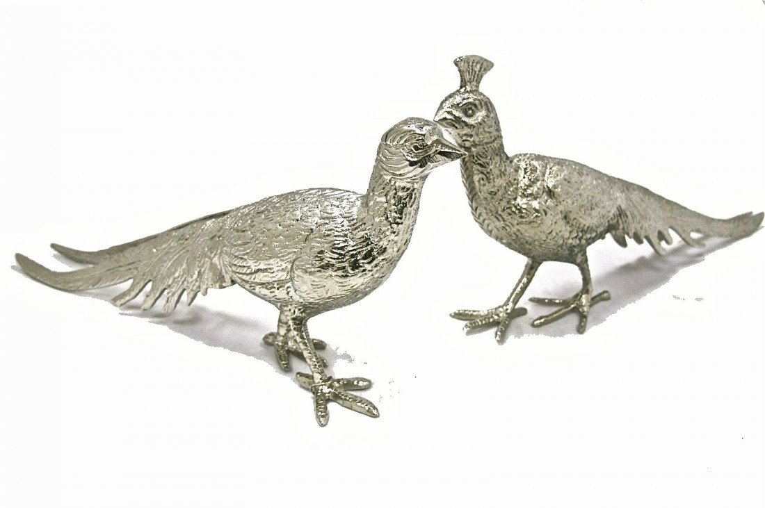 Pair of Silver Plated Small Pheasants, Approx. 8 1/: Pair of Silver Plated Small Pheasants, Approx. 8 1/2"