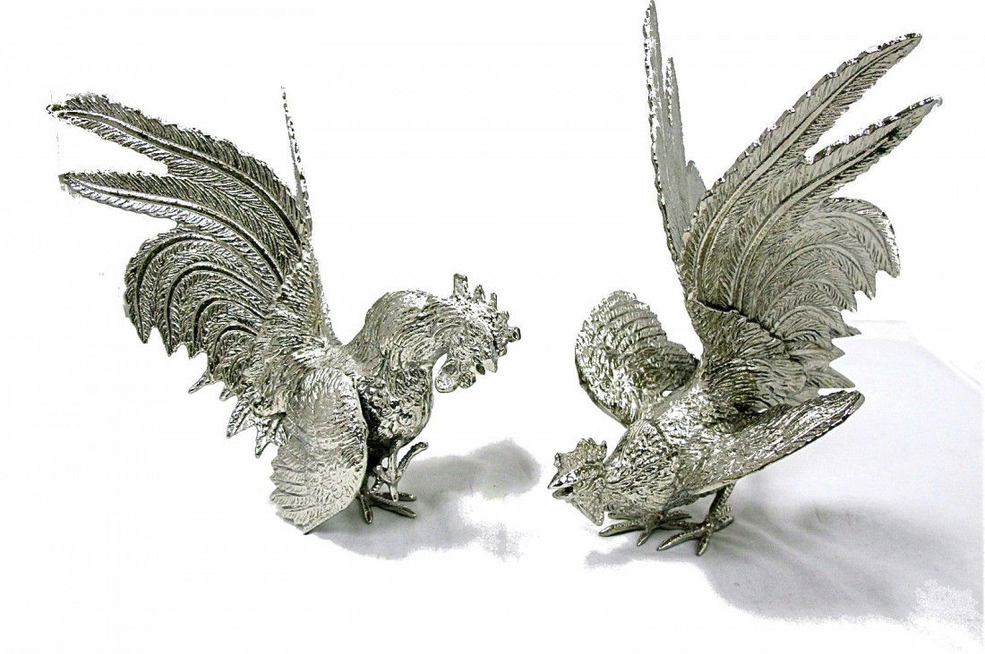 Pair Silver Plated Large Fighting Cocks By Roberto: Pair Silver Plated Large Fighting Cocks By Roberto Rossi, Italy, One= 9"H x 6"L & 7 1/2"H x 7"L