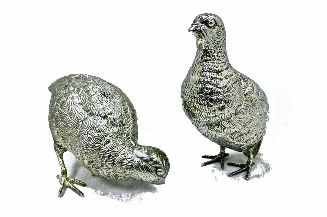 Pair Silver Plated Quail By Roberto Rossi, Italy: Pair Silver Plated Quail By Roberto Rossi, Italy
