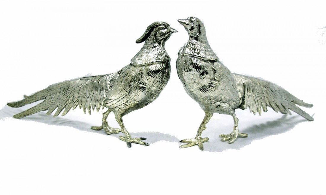 Pair Silver Plated Large Pheasants By Roberto Rossi: Pair Silver Plated Large Pheasants By Roberto Rossi, Italy Approx. 12" Long