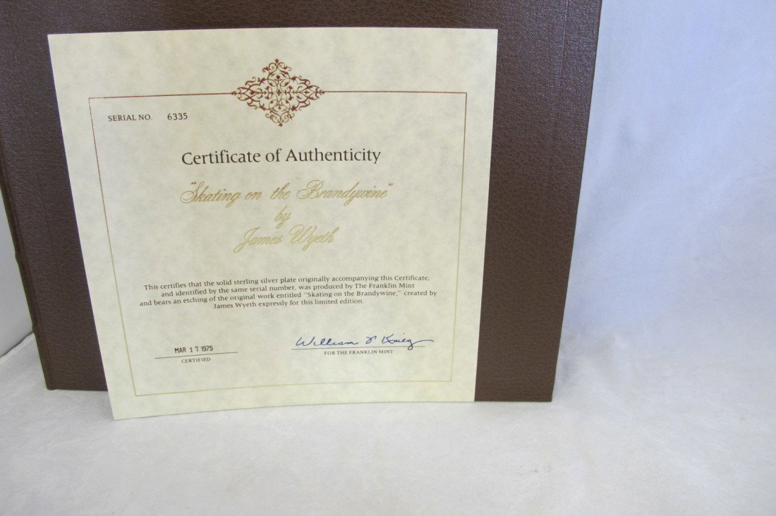 "Skating On The Brandywine" by James Wyeth, 1975,: "Skating On The Brandywine" by James Wyeth, 1975, Sterling Silver Limited Edition Etched In Sterling Silver, By The Frankling Mint, 4th in a Series of 5. Serial #6335. Original Box & Certificate, 8" D