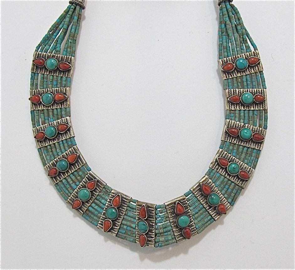 Native American Sterling Silver Turquoise & Coral: Native American Sterling Silver Turquoise & Coral Necklace