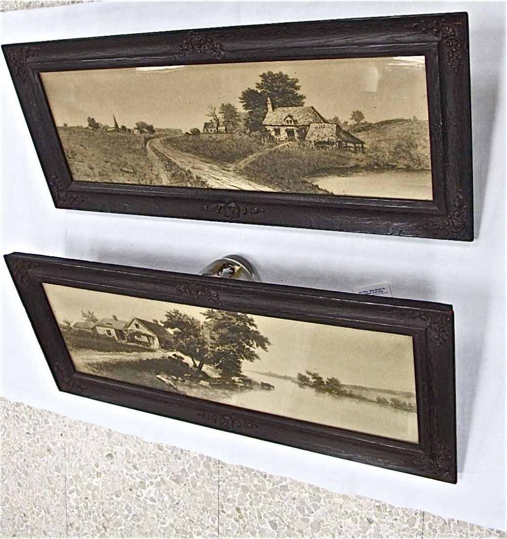 Pair English Pen & Ink Etchings, Country Scenes, 1: Pair English Pen & Ink Etchings, Country Scenes, 11"x24 1/2", Hard Wood Frame