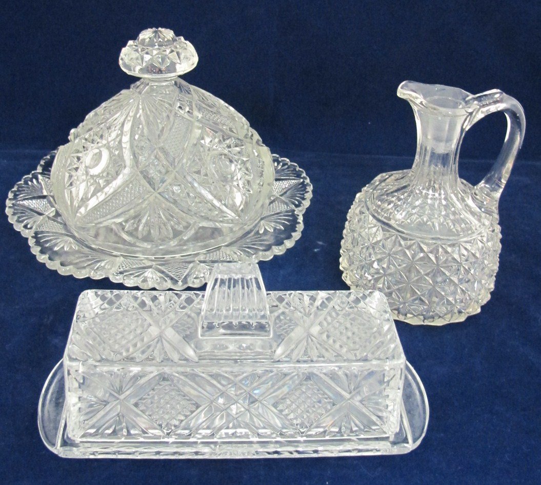 Vintage Pressed Glass Covered Butter Dish, Vinegar: Vintage Pressed Glass Covered Butter Dish, Vinegar Cruet and Covered Butter