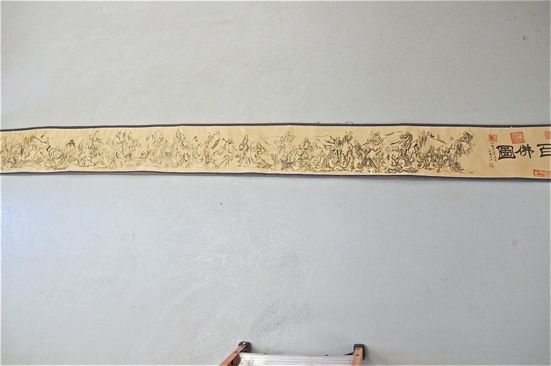 Chinese Painted Monk Scroll On Silk, 11' 3": Chinese Painted Monk Scroll On Silk, 11' 3"