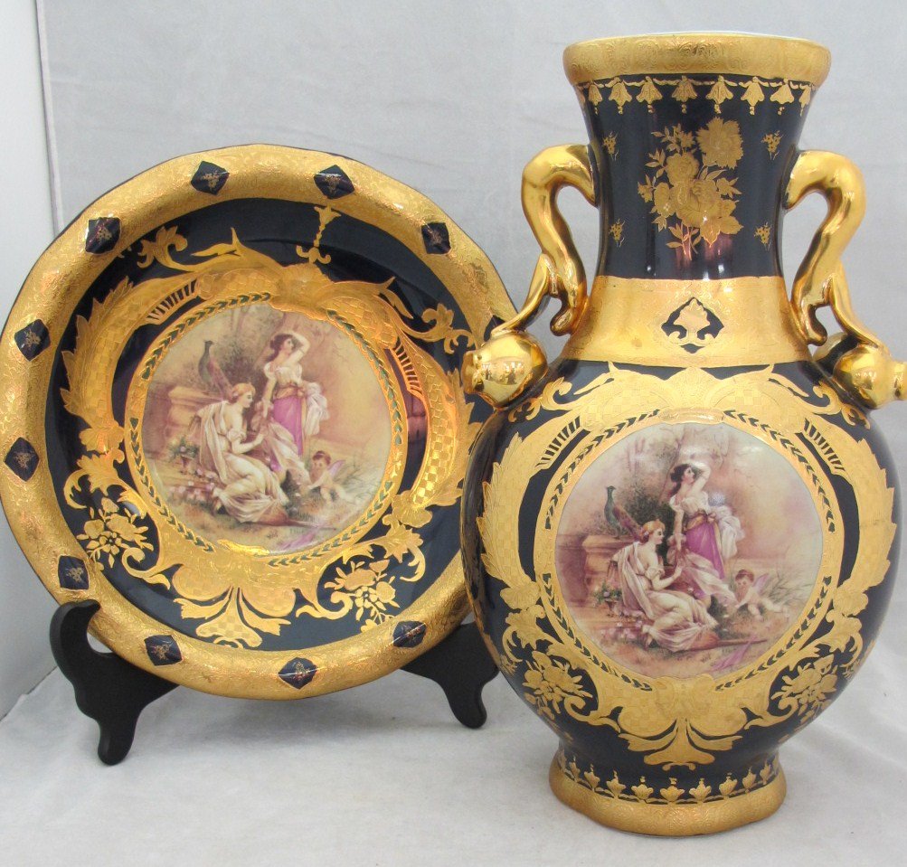 French Sevres Vase & Charger: French Sevres Ornately Painted 14 1/2" Vase and Charger 12" Diameter