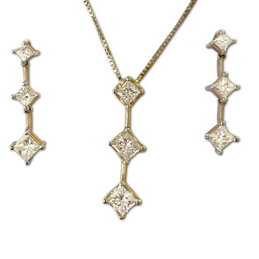 14k Gold Princess Cut Diamond Earring & Necklace Set