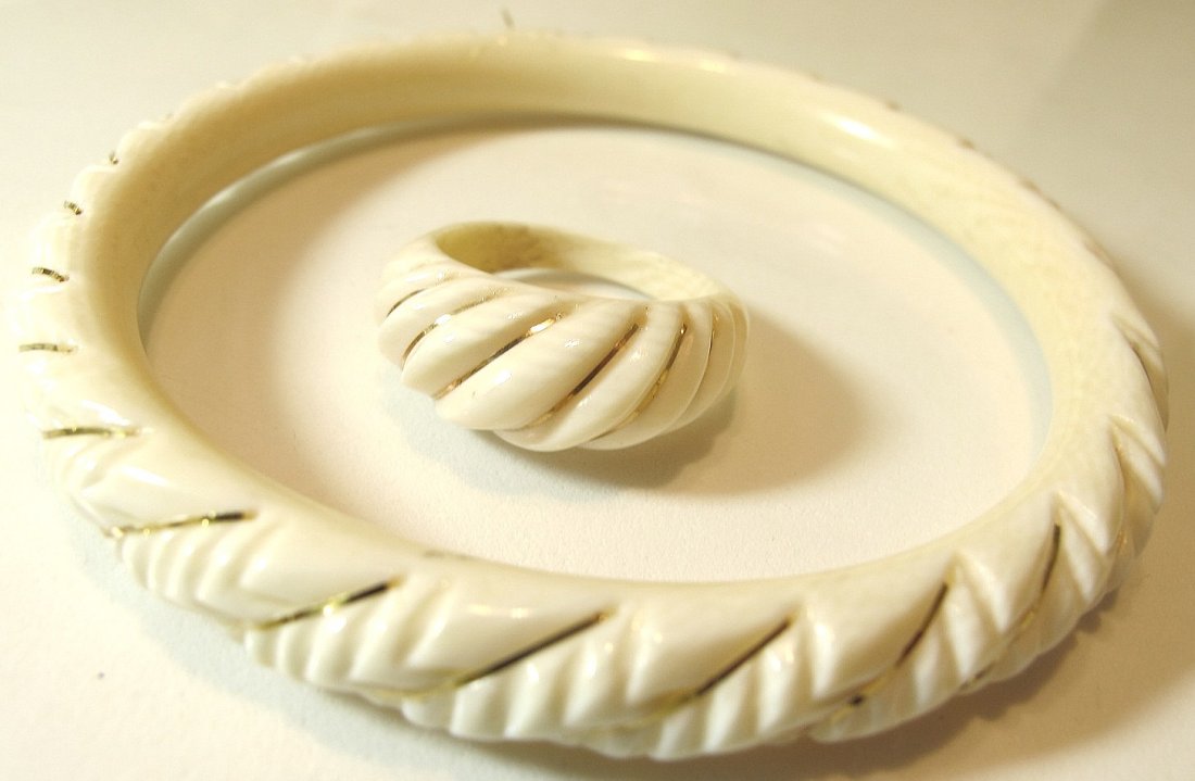 Carved Ivory Bangle & Matching Ring: Carved Ivory Bangle & Matching Ring