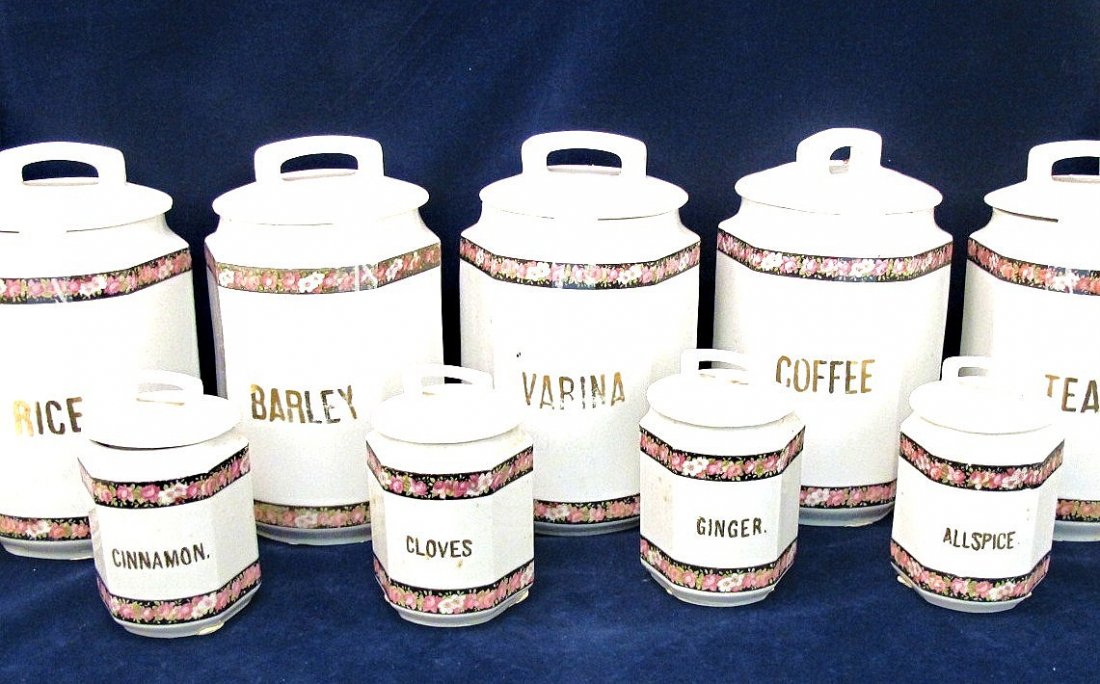9 Piece Bone China German Canister Set Including La: 9 Piece Bone China German Canister Set Including Large Rice, Large Barley, Large Varina, Large Tea, Large Coffee, Small Ginger, Small All Spice, Small Cinnamon and Small Clove