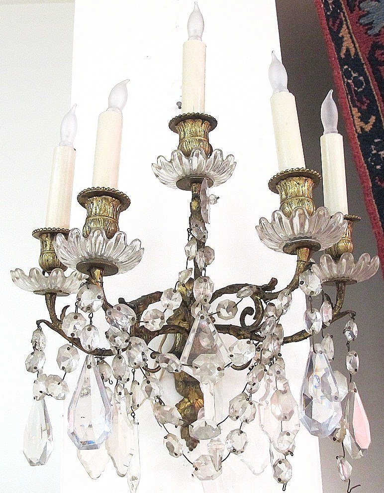 Pair Antique Brass Wall Sconces w/ Crystal Prisms,: Pair Antique Brass Wall Sconces w/ Crystal Prisms, Electrified
