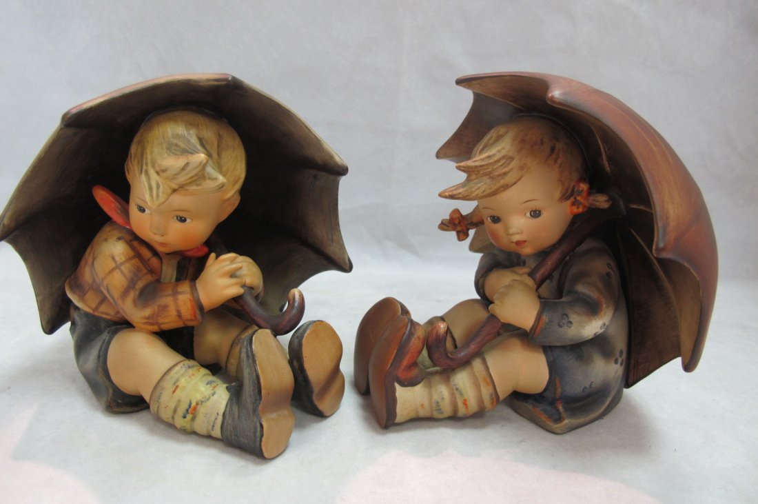 W. Goebel Boy & Girl w/ Umbrella Hummel: W. Goebel Boy w/ Umbrella Hummel, Stylized Bee, Germany & Girl w/ Umbrella Hummel, W. Germany # 152/0 A