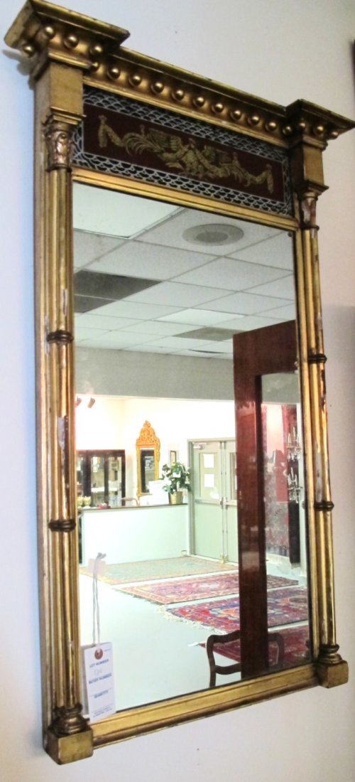 19th Century Federal Gilt Wood Tabernacle Mirror: 19th Century Federal Gilt Wood Tabernacle Mirror, Glass Tablet with Reverse Oil on Glass Painting