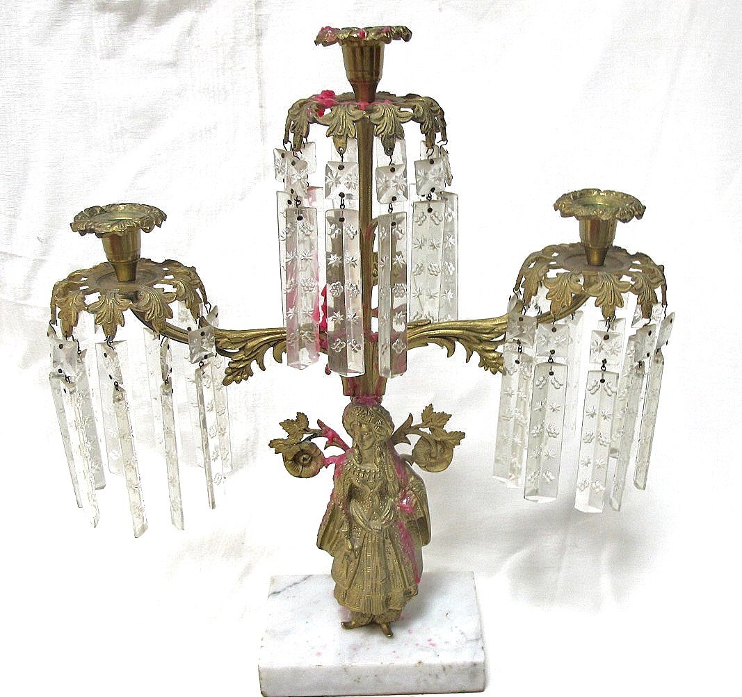 Antique Gilt Brass Figural Girandole Candelabra: Antique Gilt Brass Figural Girandole Candelabra with Prisms and Marble Base
