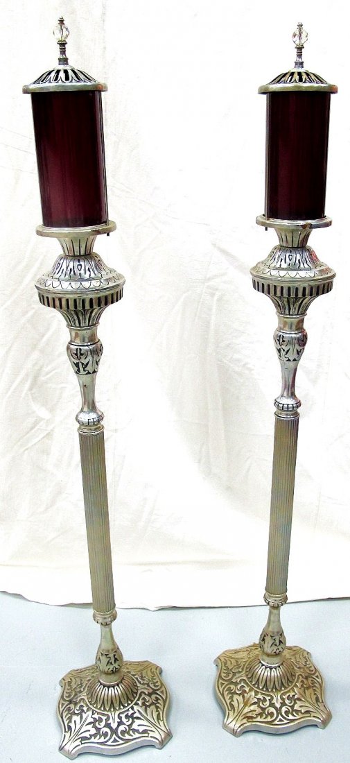 Pair of 53" Standing Candlesticks w/ Cranberry Gla: Pair of 53" Standing Candlesticks w/ Cranberry Glass Tops