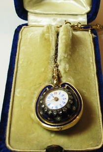 Antique 14K Yellow Gold Enamel Old Mine Diamond Wa: Antique 14K Yellow Gold Enamel Old Mine Diamond Watch Necklace w/ 14K Yellow Gold & Enamel Chain. 14K Yellow Gold Enamel & Diamond Adaptor Allowing the Watch to Become a Pin. Bought at 1893-1894 World