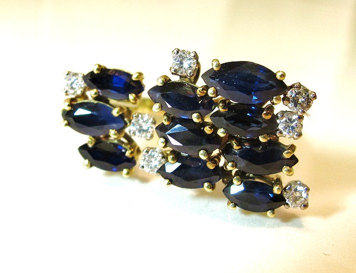 14K Yellow Gold Sapphire & Diamond Ring: 14K Yellow Gold Sapphire & Diamond Ring Containing 10 Marquise Cut Sapphires= approx 1.75cts, 7Diamonds=.21cts.