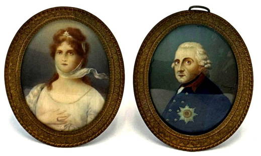 Two 19th Century French Miniature Portraits: Miniature of Old Fritz (after Anton Graff), 19th c. Polychrome oil painting on a leg plate, 3"x4" and Portrait of a Lady 3.25"x4"