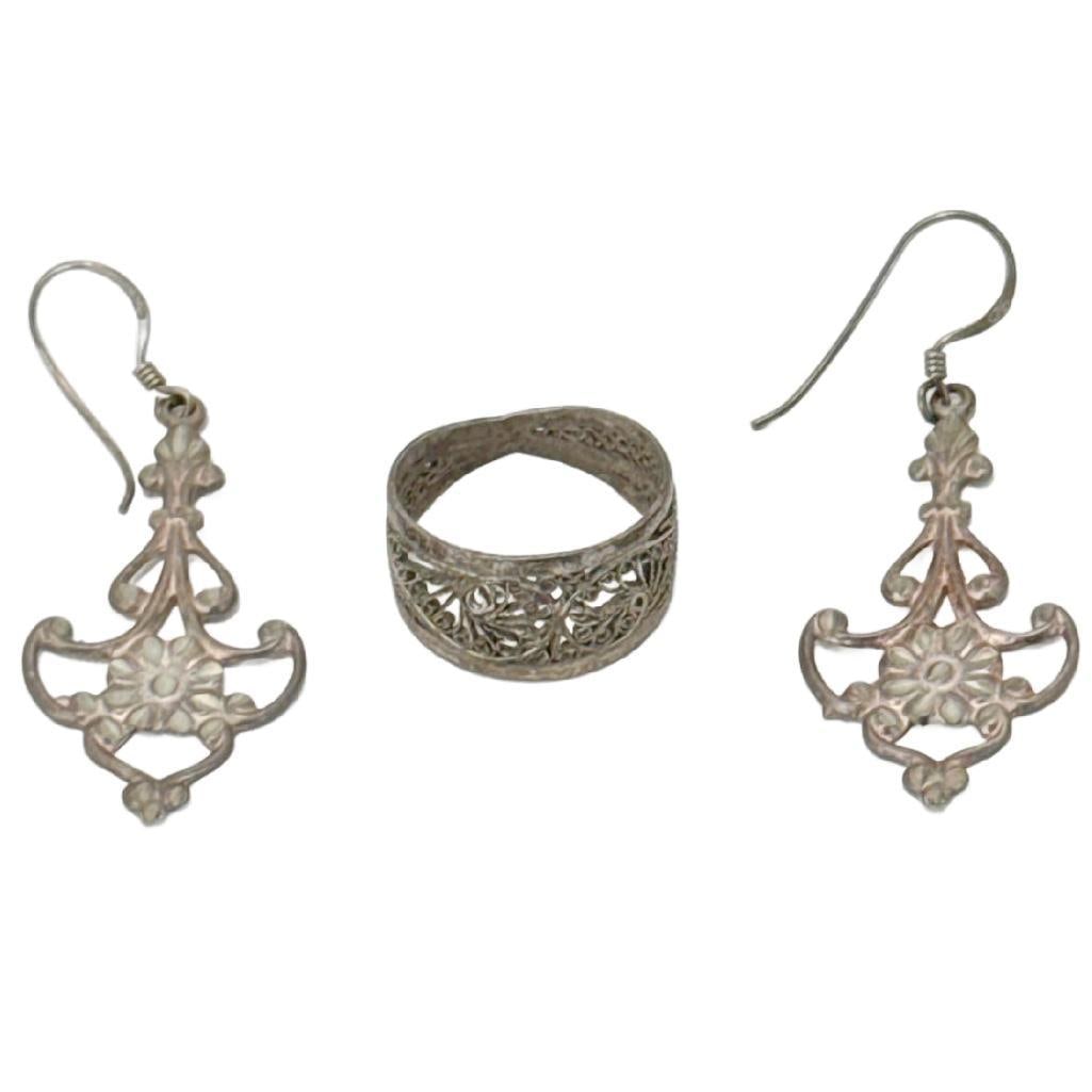 Vintage Persian Bohemian Ornate Silver Earrings & Ring: Vintage Persian Bohemian Ornate Silver Earrings & Ring, Two (2) Earrings One (1) Ring Set