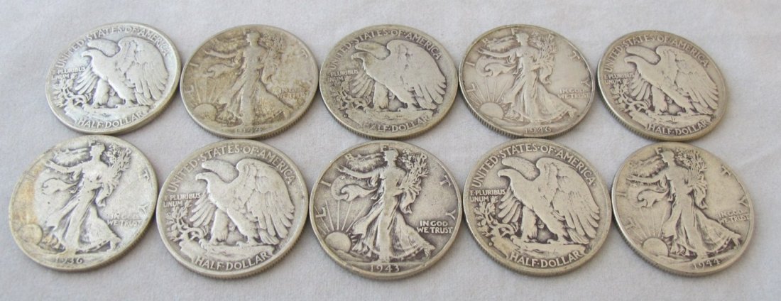 Lot of Ten Walking LIberty Half Dollars, Illegible,: Lot of Ten Walking LIberty Half Dollars, Illegible, 1936, 1941, 1943, 4-1944, 1945, 1946