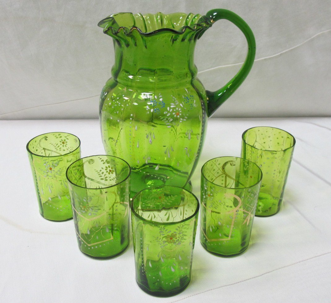 Antique Emerald Green Blown Glass Water Pitcher and 5 M: Antique Emerald Green Blown Glass Water Pitcher and 5 Matching Tumblers