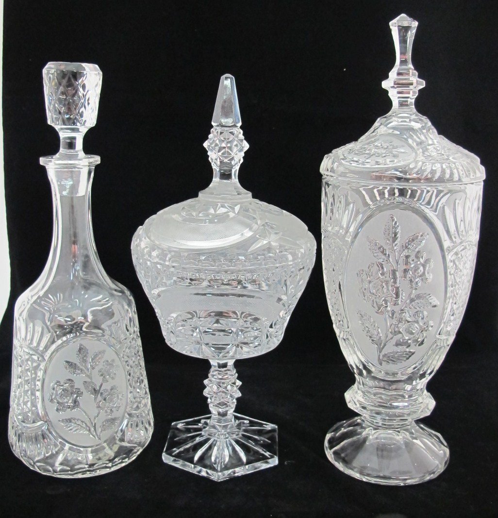 Cut Crystal Candy Dish and Pressed Glass Decanter and 1: Cut Crystal Candy Dish and Pressed Glass Decanter and 15" Covered Jar