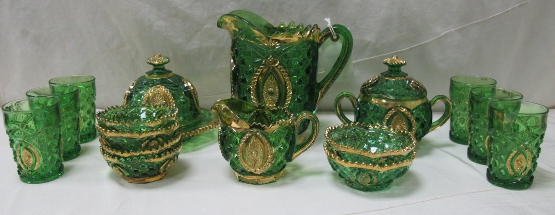 Emerald Green Delaware Pattern Glass Set: Emerald Green Delaware Pattern Glass Set Including Water Pitcher, 6 Cups, 4 Berry Bowls, 2 Master Berry Bowls, Covered Compote, Sugar & Creamer