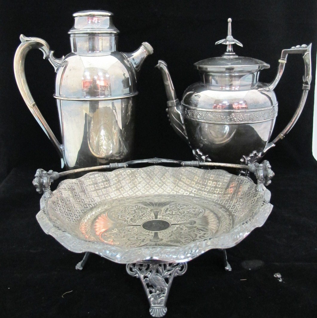 Silver Plated Cocktail Shaker, Silver Plated Tea Pot, S: Silver Plated Cocktail Shaker, Silver Plated Tea Pot, Silver Plated Basket
