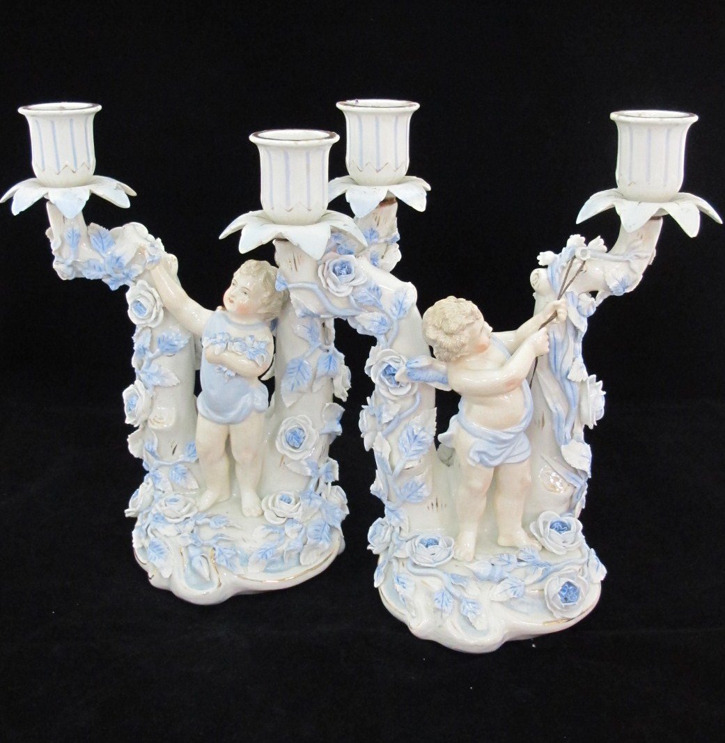 Porcelain Cherub Double Candlesticks, Germany: Porcelain Cherub Double Candlesticks, Germany, Some Damage