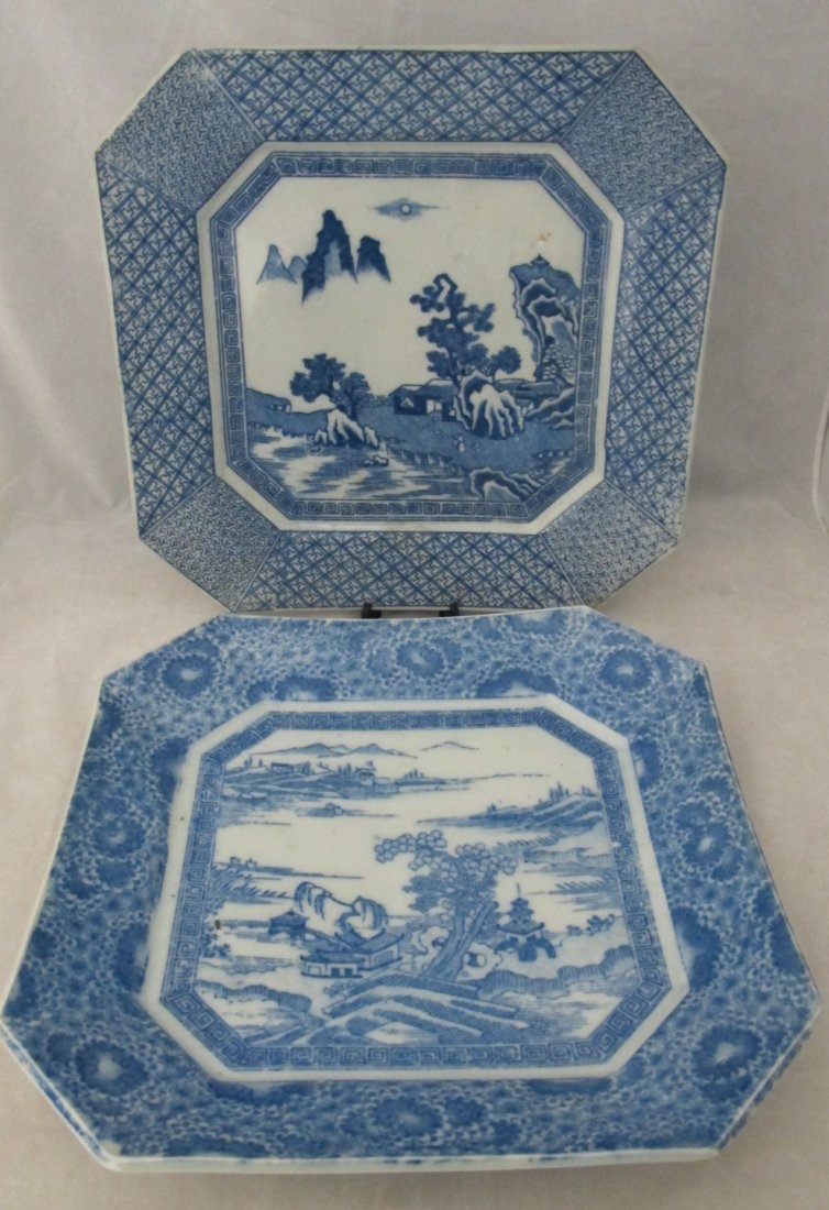Pair of Antique Canton Chinese Export Porcelain Blue &: Pair of Antique Canton Chinese Export Porcelain Blue & White Octagon Plates