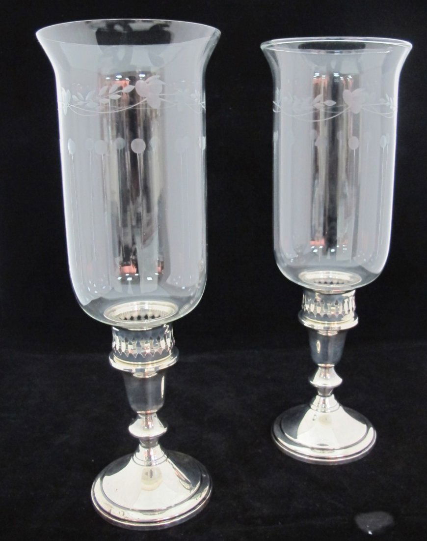 Pair of Weighted Sterling Hurricane Candlesticks w/ Etc: Pair of Weighted Sterling Hurricane Candlesticks w/ Etched Globes