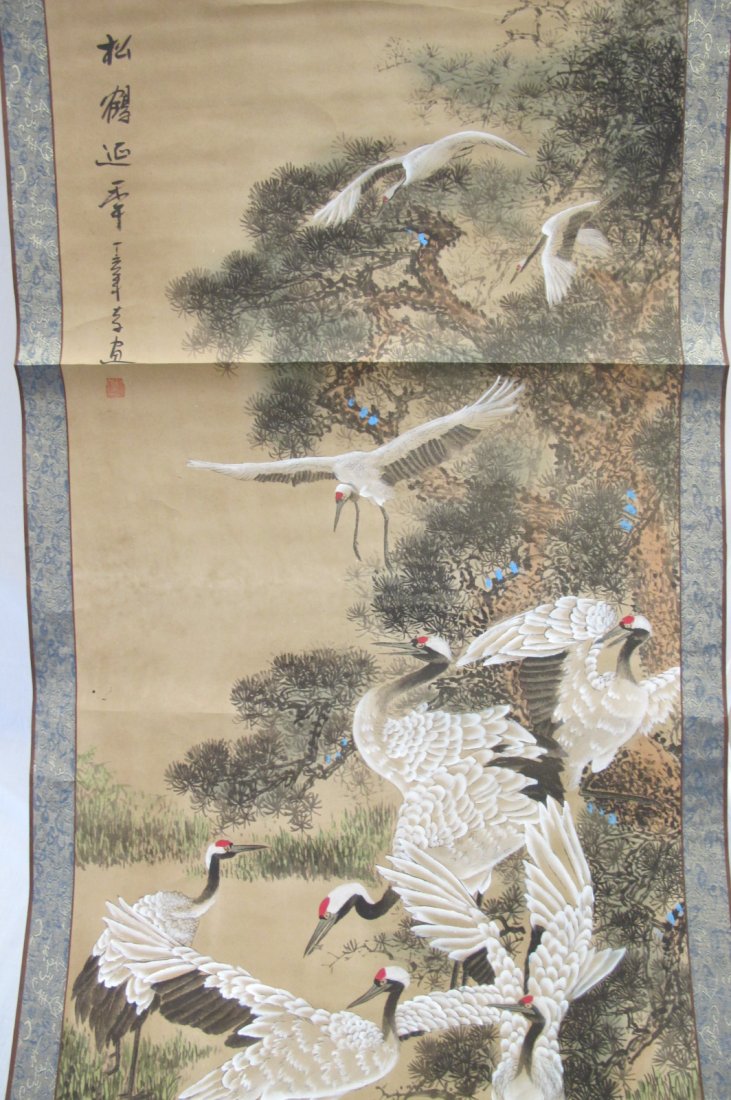 Chinese Painted Scroll on Silk w/ Canes & Calligraphy,: Chinese Painted Scroll on Silk w/ Canes & Calligraphy, 69"x28 3/4"