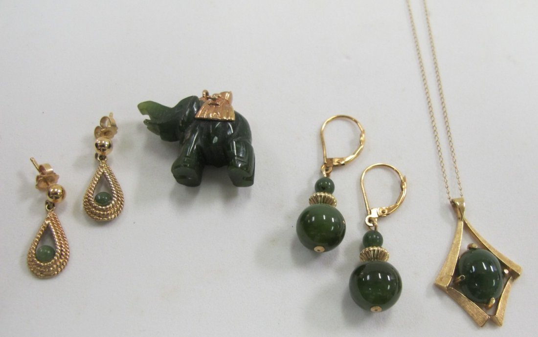 Jade Drop Pendant, 2 Pairs of Jade Earrings and Carved: Jade Drop Pendant, 2 Pairs of Jade Earrings and Carved Jade Elephant Drop, Gold Filled & Gold Plated