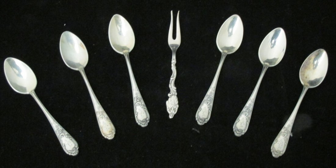 6 Russian Sterling Demi-Tasse Spoons & Sterling Olive F: 6 Russian Sterling Demi-Tasse Spoons & Sterling Olive Fork from Sweden, 3oz.