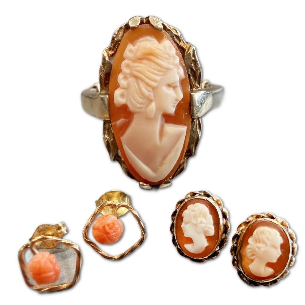 Collection of14k & 10k Gold Antique Cameo Ring & Earrings (1 of 4)