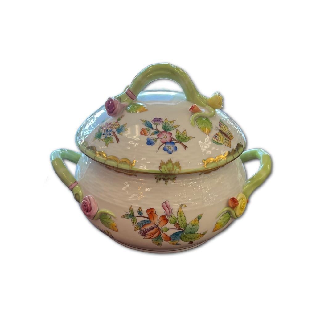 Herend Queen Victoria Green Serveware: Herend Queen Victoria Green Serveware, Tureen with Branch, 10"H. For 200 years, the Herend facility in Hungary has been hand crafting fine porcelain, featuring hand painted design and hand-