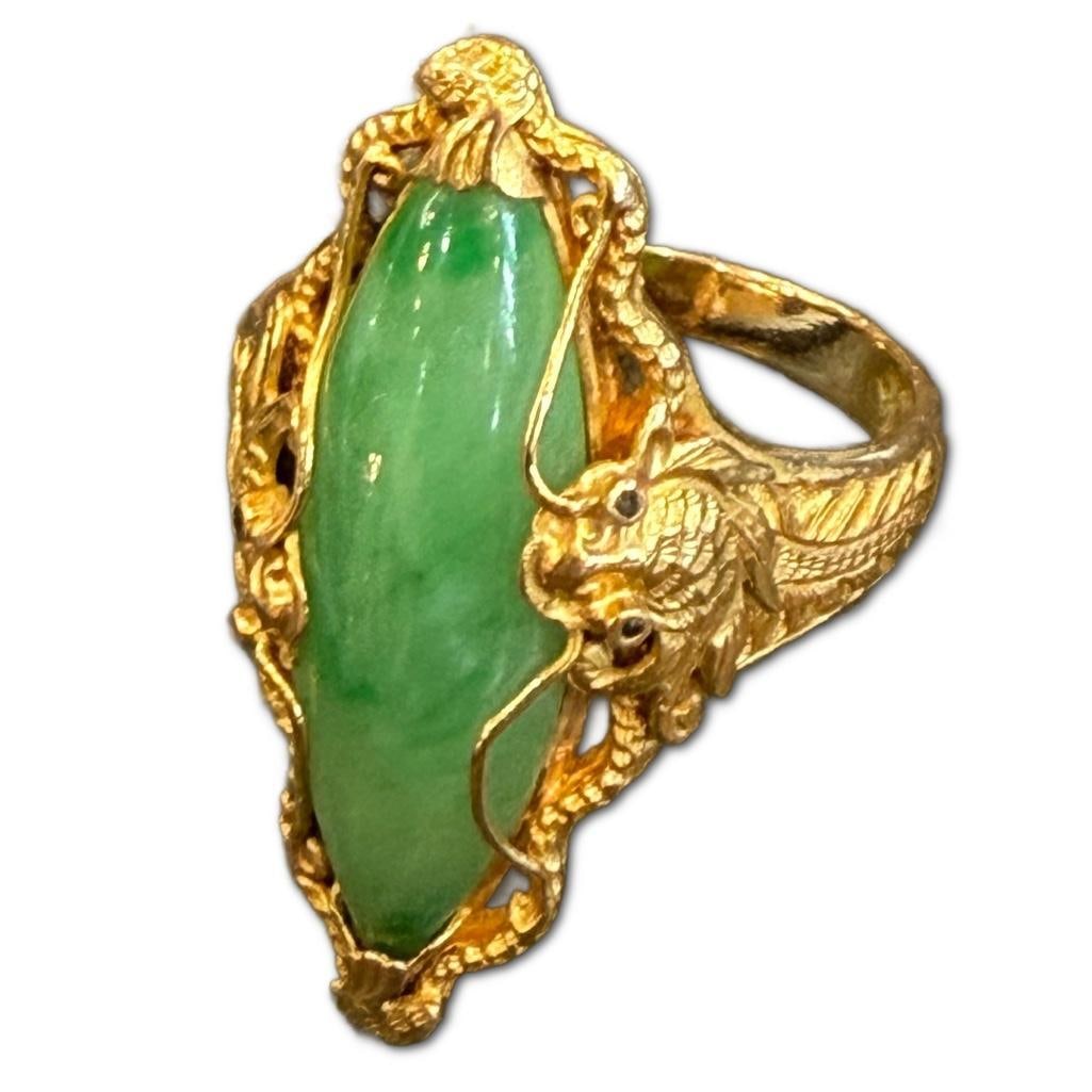 Chinese 22k Gold Jade Dragons Foo Dogs Ring ca1920 (1 of 1)