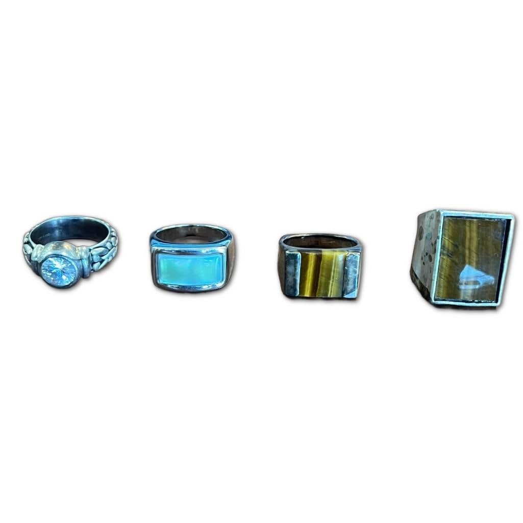Collection of Chunky Vintage-Style Rings: Collection of Chunky Vintage-Style Rings. This group of four rings has a combined weight of approximately 1.5 troy ounces, including metals and all other materials. The first is a sterling silver ring