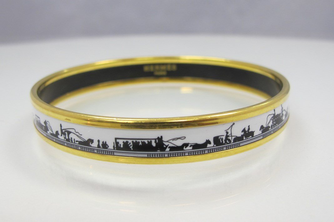 Hermes, Paris Painted Enamel Bangle Bracelet: Hermes, Paris Painted Enamel Bangle Bracelet Stamped Hermes, Paris & Made in Austria + J, 2 1/2" Diameter, 9 1/2mm wide