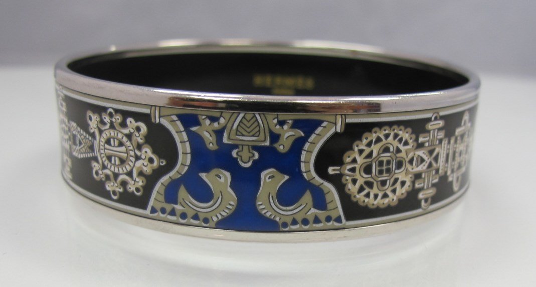 Hermes, Paris Painted Enamel Bangle Bracelet: Hermes, Paris Painted Enamel Bangle Bracelet Stamped Hermes, Paris & Made in Austria + G, 2 1/2" diameter, approx. 18 1/4mm wide