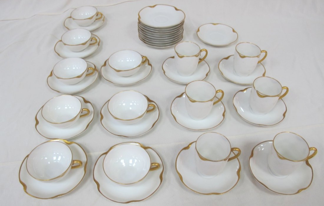 Haviland & Co. French Limoges for Hess Bros. Allentown,: Haviland & Co. French Limoges for Hess Bros. Allentown, PA: 6 Chocolate Cups approx 3"h x 2 1/5" diameter & 7 Saucers 4 1/5" diameter (1 chipped) and 8 Demi Tasse Cups 1 1/5"h x 3 1/4 diameter & 18 Sa