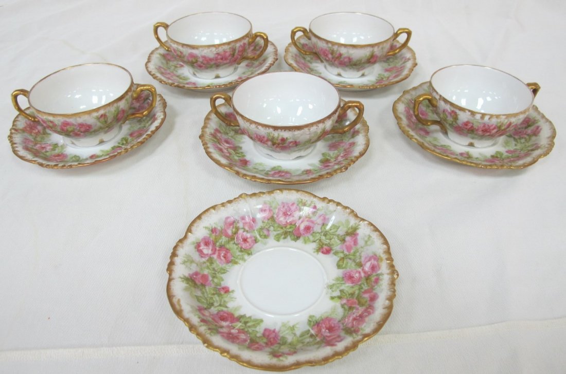 French J.P.L. Limoges, Painted Porcelain Bouillon Set: French J.P.L. Limoges, Painted Porcelain Bouillon Set: 5 Cups & 6 Saucers, cups measure 2"high x 3 1/5" diameter, saucers measure 5 1/2" diameter